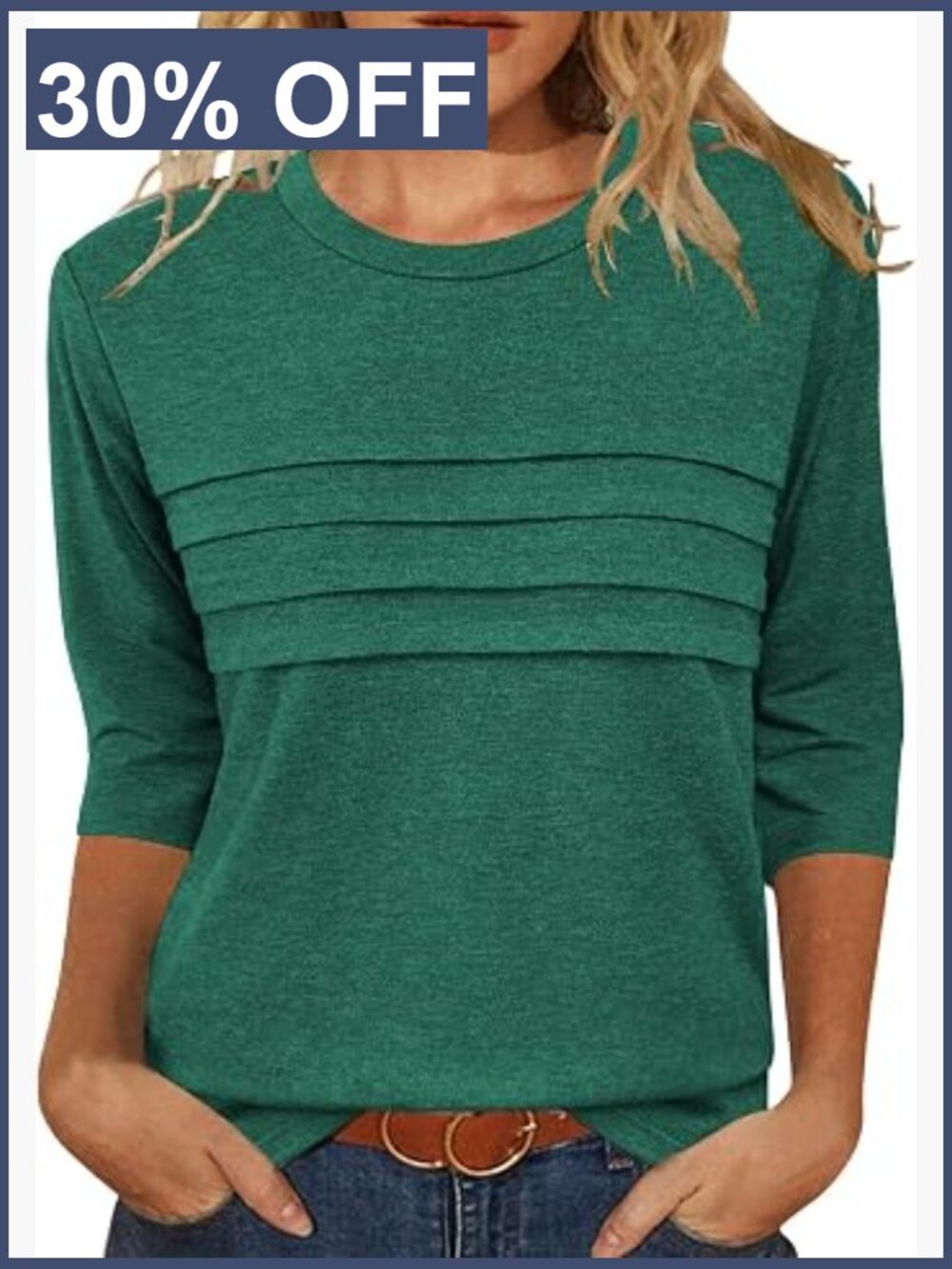 3/4 Sleeve Tunic Top Casual Pleated Crew Neck Stretchy Lightweight